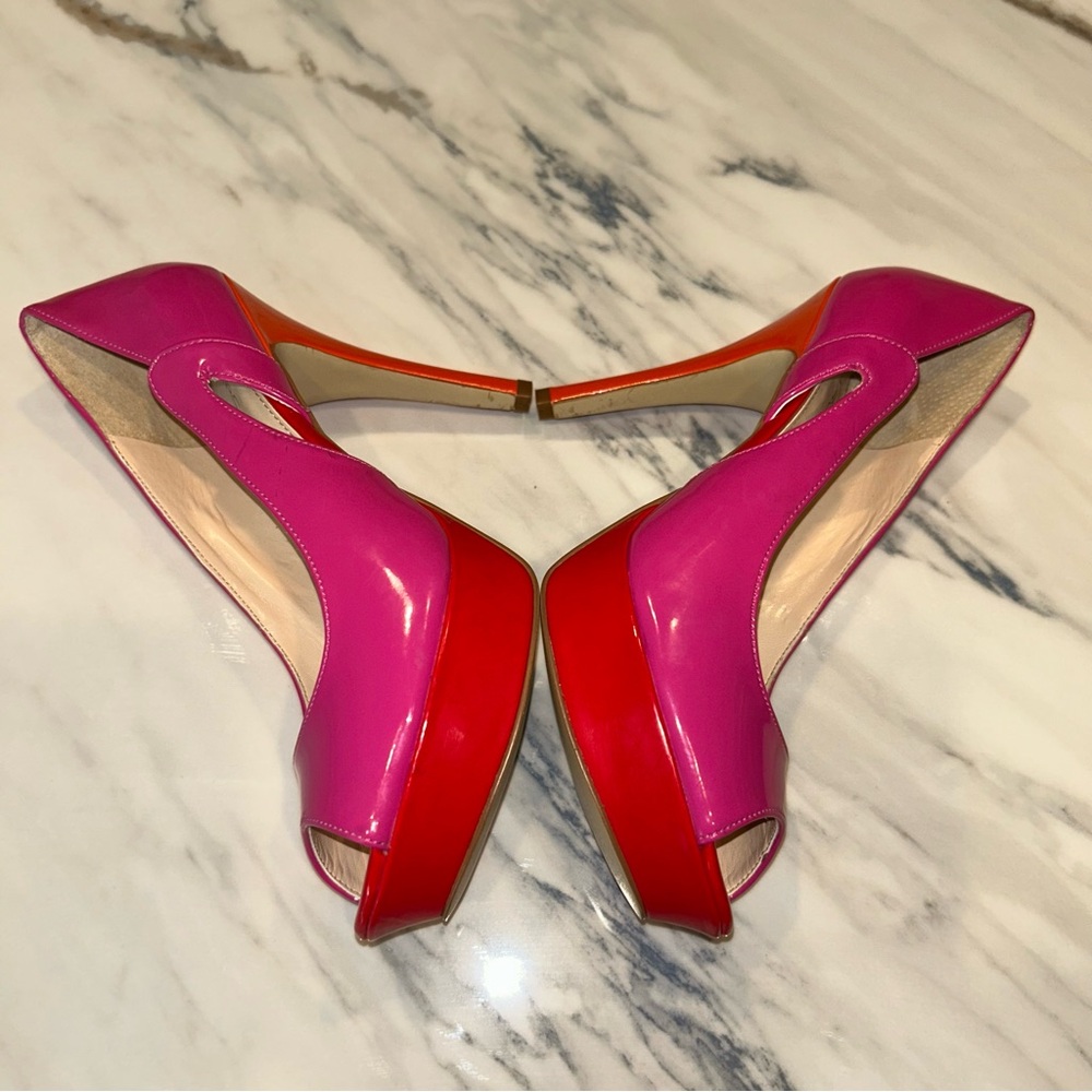 Marc Fisher EUC Platform Heels Size 8 Pink Orange Red Peep Toe - Picture 1 of 6